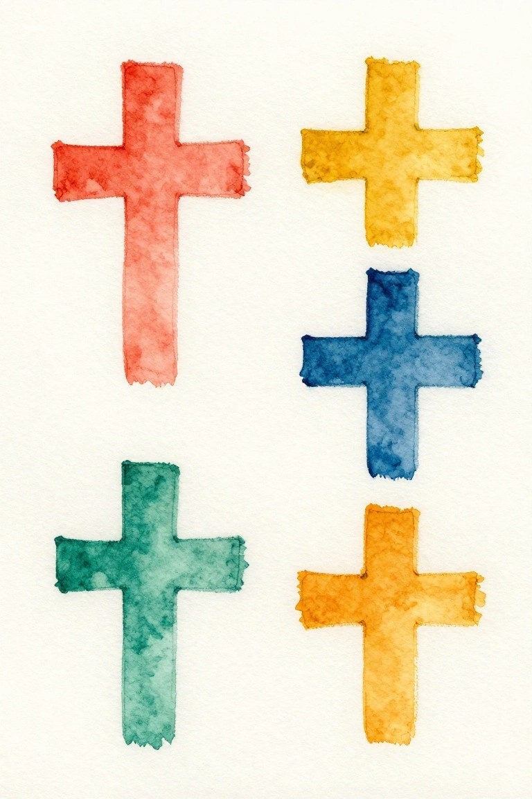 Five watercolor crosses in red, yellow, blue, green, and orange.