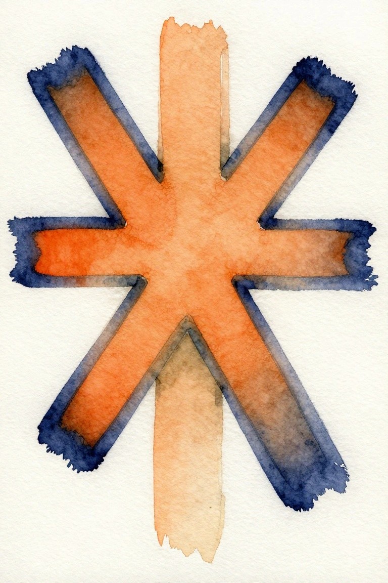 Orange watercolor asterisk with dark blue borders and rough textured edges