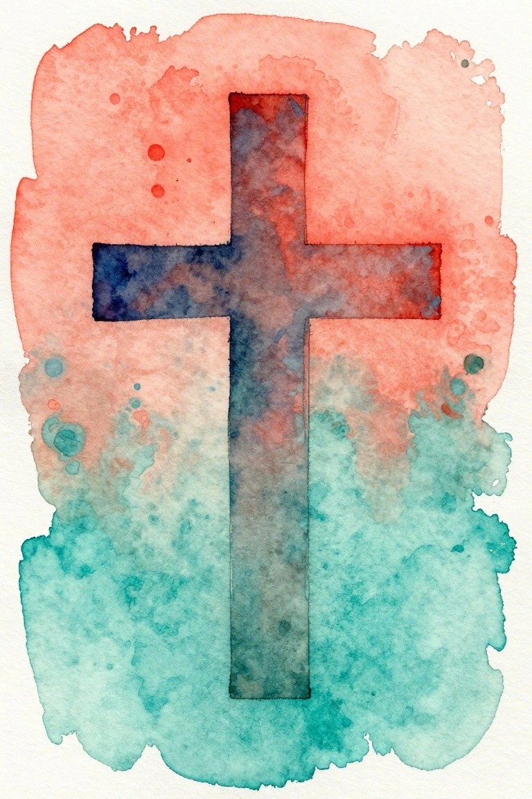 Dark watercolor cross over coral red and turquoise splattered background