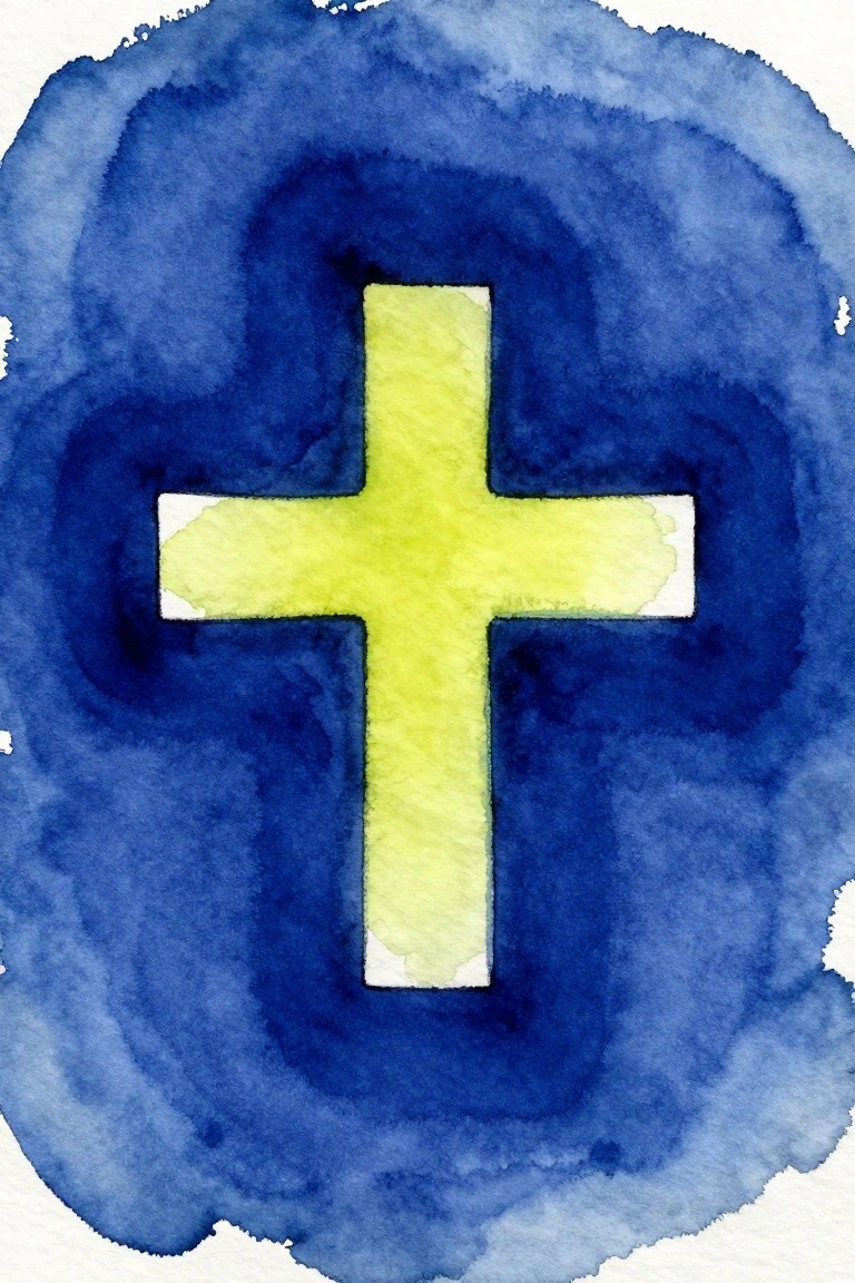 Yellow cross centered on swirling blue watercolor circle with soft edges