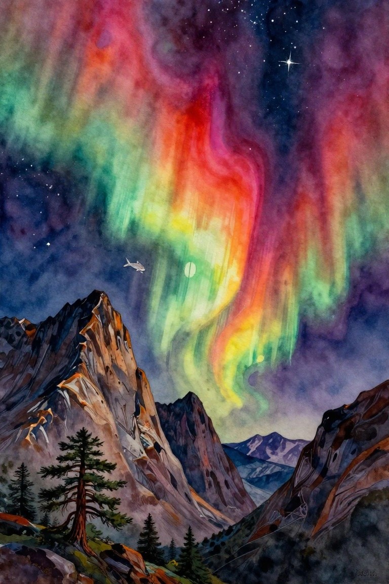 Watercolor aurora borealis over rugged mountains with airplane, moon, and pine trees