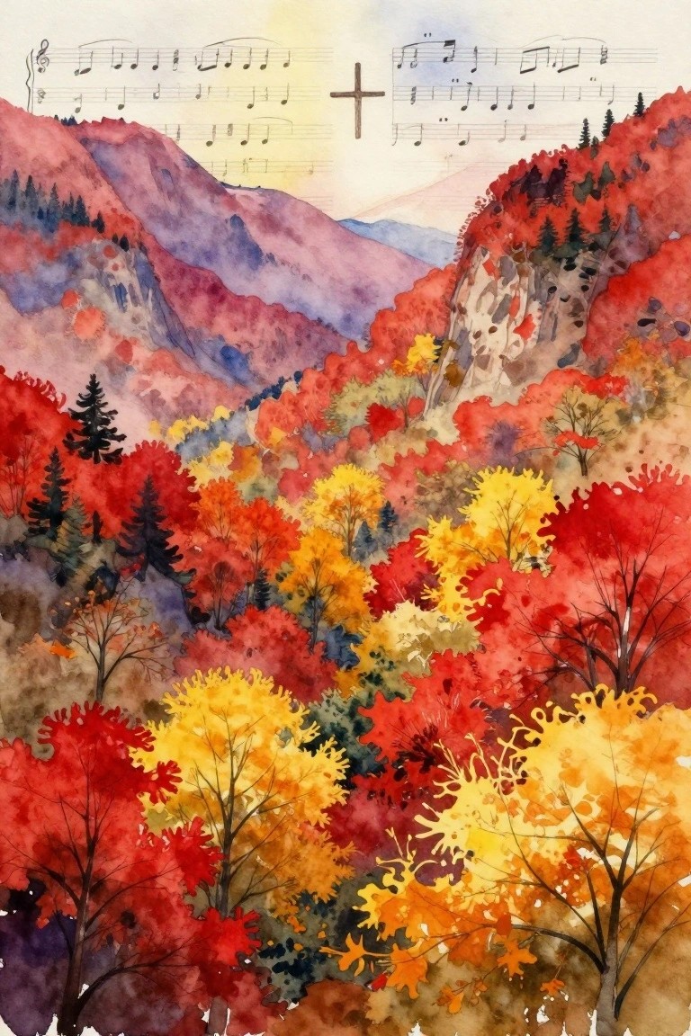 Watercolor autumn mountains with red-yellow trees, wooden cross, and sheet music overhead
