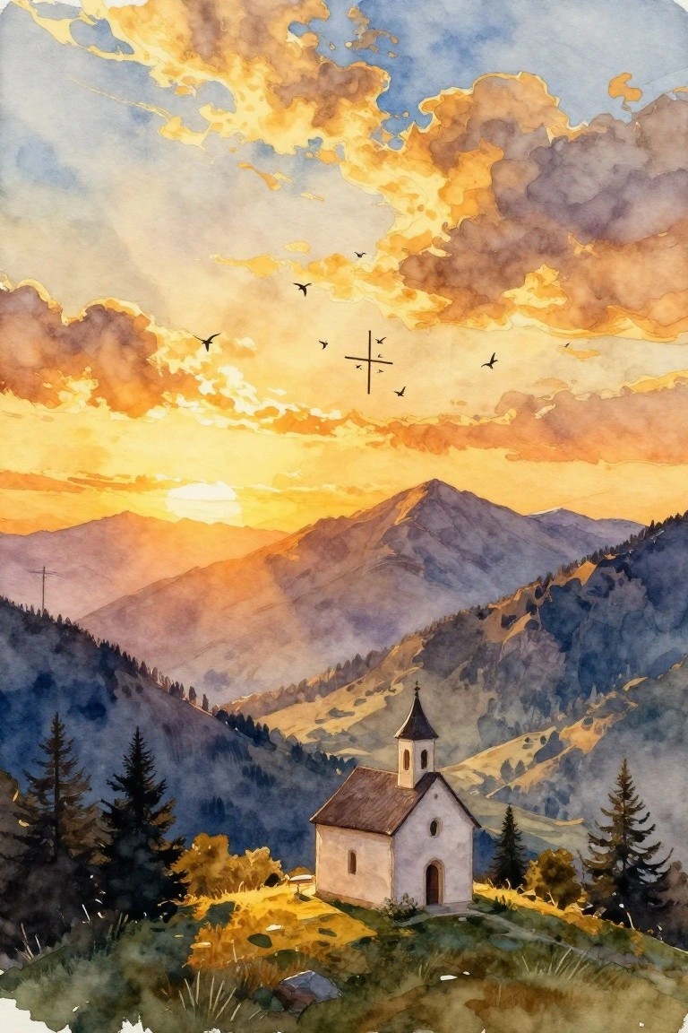Watercolor of small white chapel on hillside with mountains and vibrant orange sunset sky