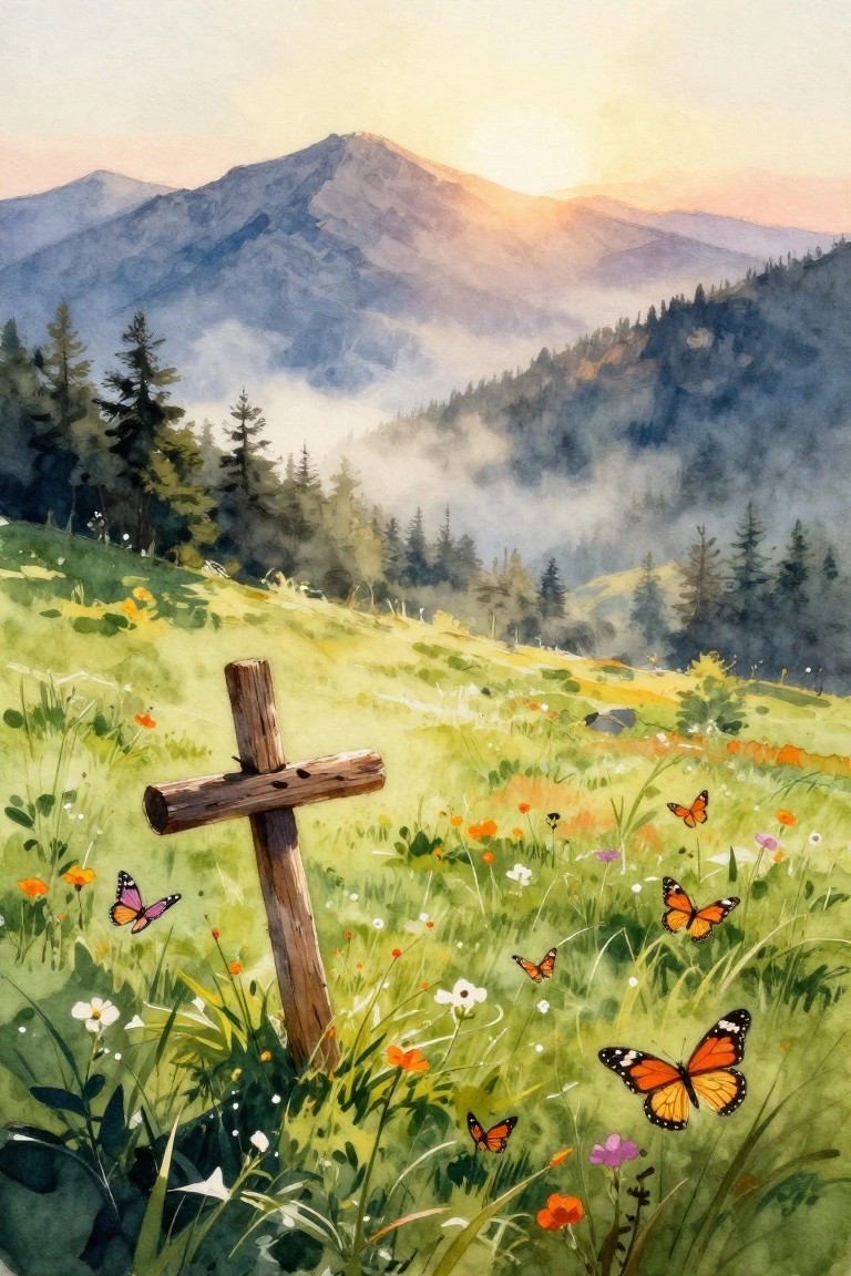 A watercolor-style painting shows a wooden cross standing in a green meadow filled with orange wildflowers and butterflies, with misty mountains and a sunrise sky in the background.