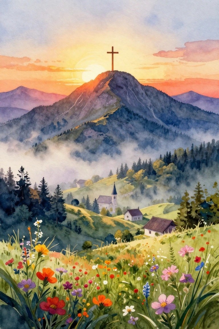 Watercolor landscape of sunset mountains with cross on peak, valley church, and wildflowers