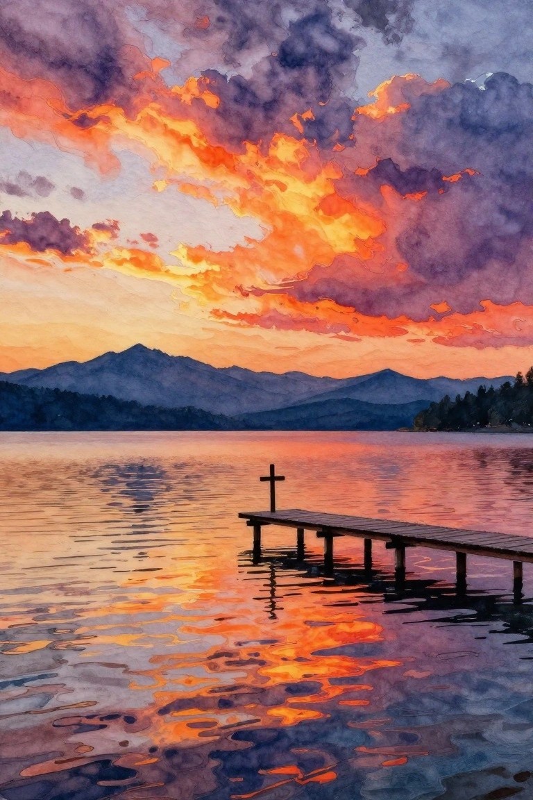 Watercolor sunset over mountains with orange-purple clouds, calm lake, and cross-topped wooden dock