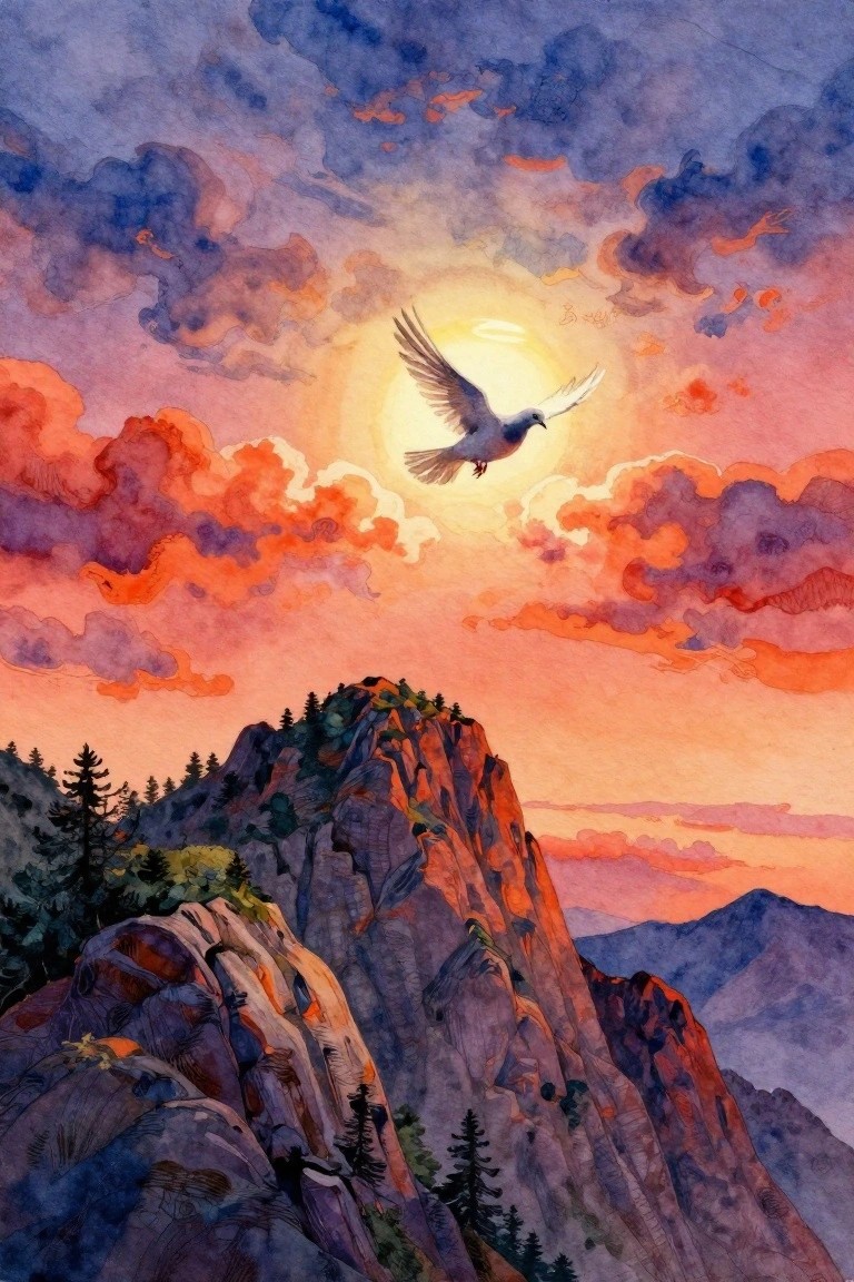 A bird flies toward a bright sun above rocky mountains under a colorful sunset sky in watercolor style.