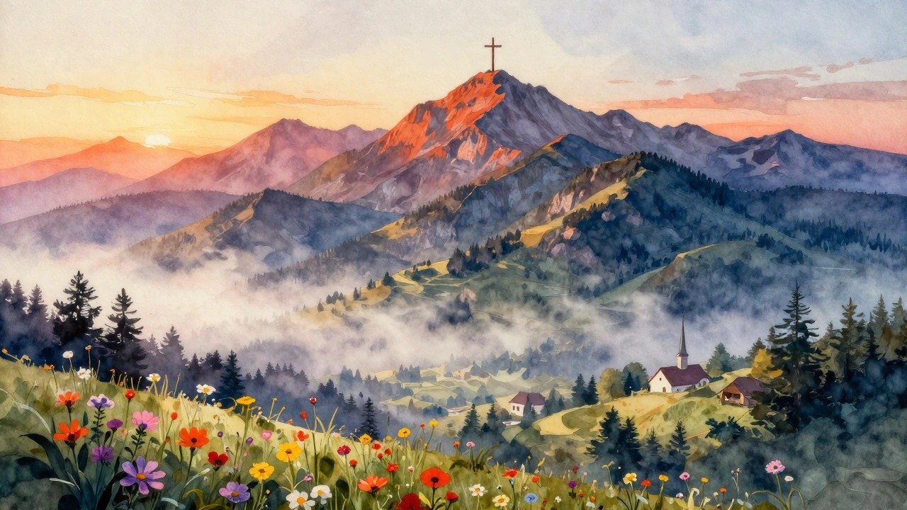 Watercolor landscape of sunset mountains with cross on peak, valley church, and wildflowers