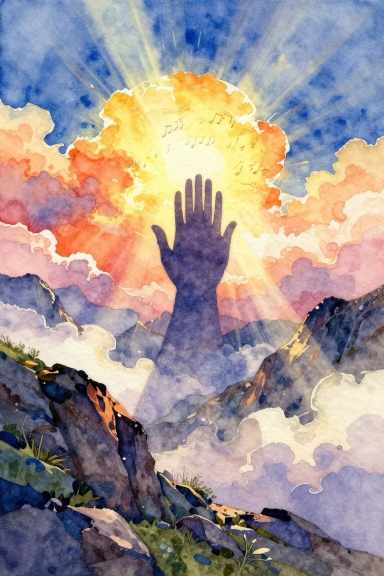 Watercolor of silhouetted hand reaching toward glowing sun with musical notes above mountains.