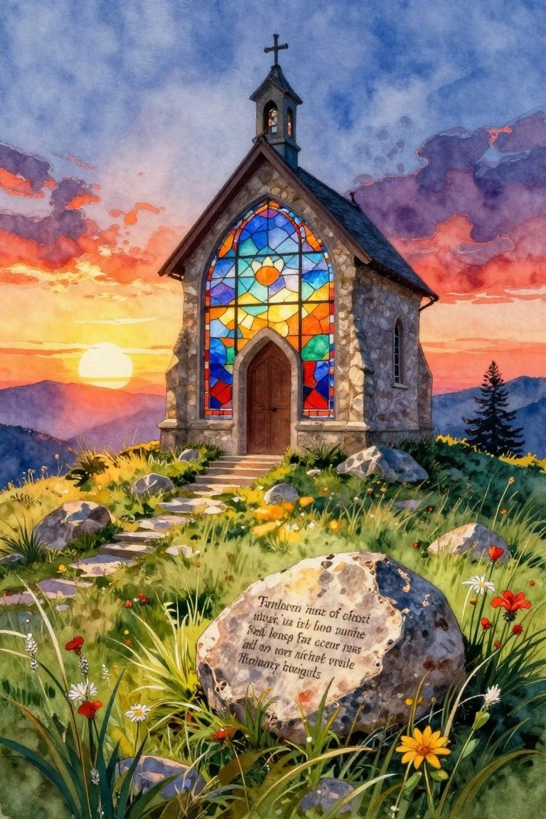 Stone chapel with vibrant stained glass window on flower hill at sunset watercolor