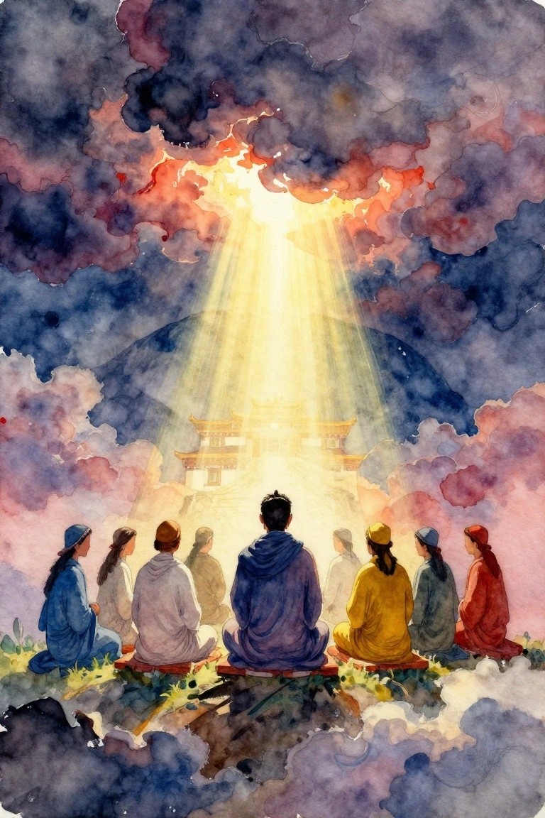 Watercolor of robed figures seated before radiant temple amid stormy clouds