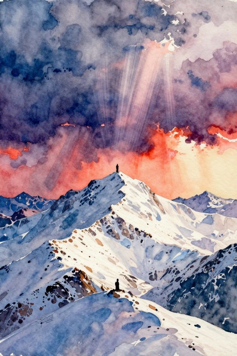Watercolor of two silhouetted hikers on snowy peaks under dramatic red-purple sunset with light rays.
