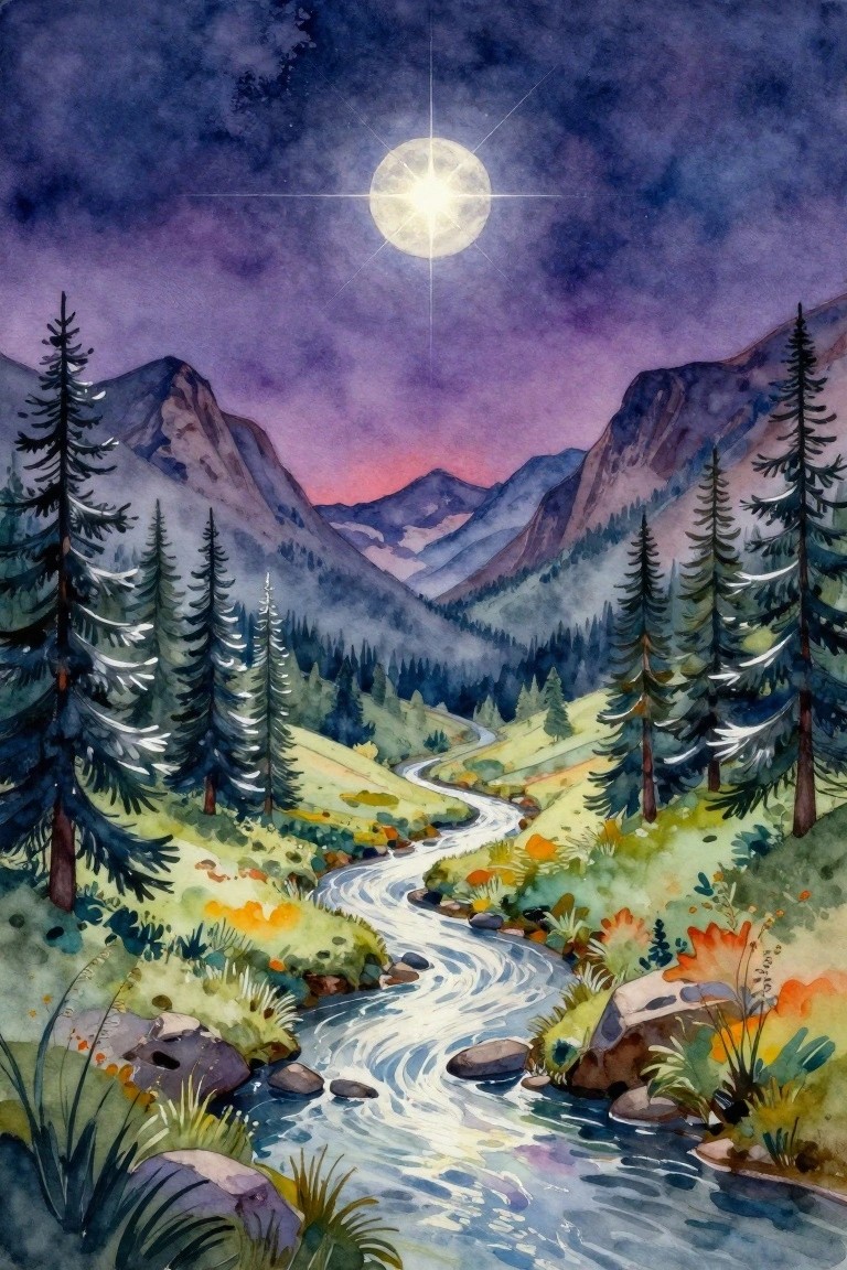 Watercolor landscape of full moon over winding river in pine-covered mountains at night