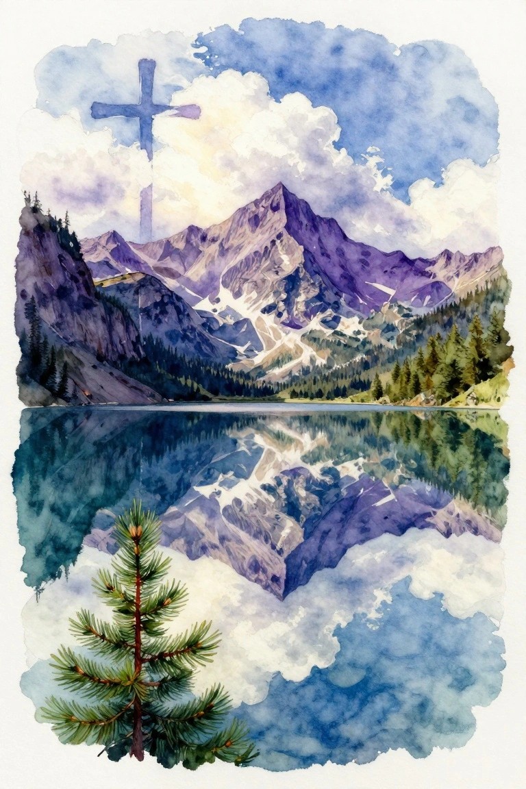 Watercolor of mountains reflected in lake, with cross in clouds and foreground pine tree
