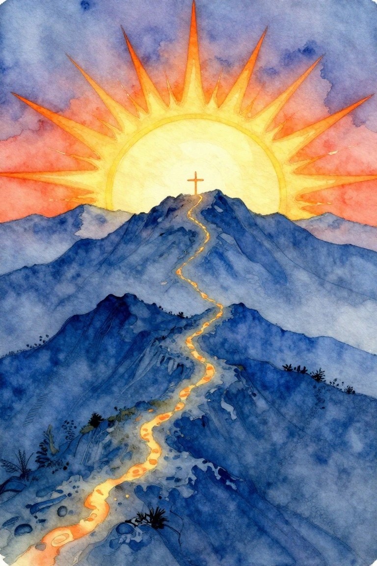 Watercolor of blue mountains with glowing path leading to cross under radiant sun.