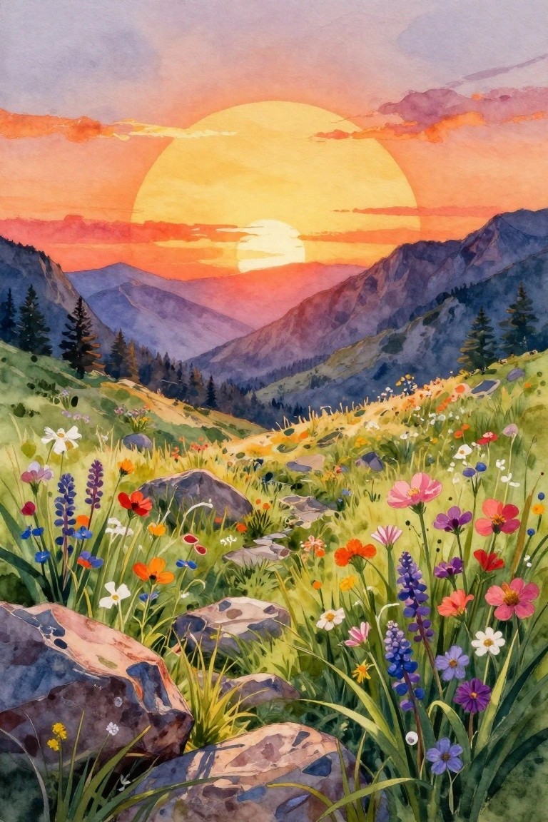 Watercolor painting of mountains at sunset with a large orange sun and a foreground of colorful wildflowers and rocks.