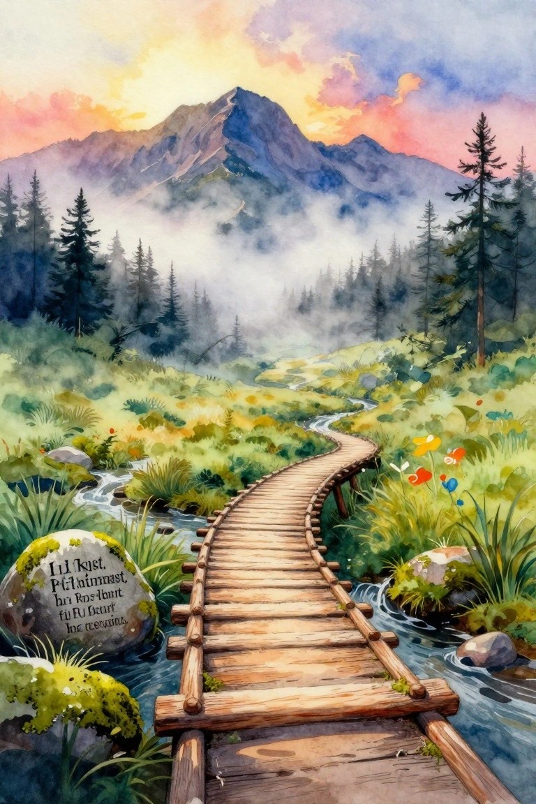 Watercolor scene of wooden walkway curving through misty mountains with vibrant sunset sky
