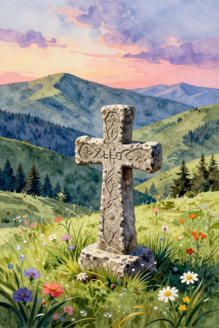 Ornate stone cross amid wildflowers overlooking misty mountains under a colorful sunset sky