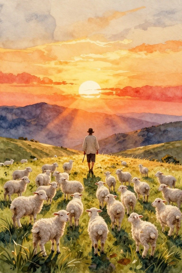 Watercolor of shepherd in hat herding sheep across golden hills under vibrant sunset.