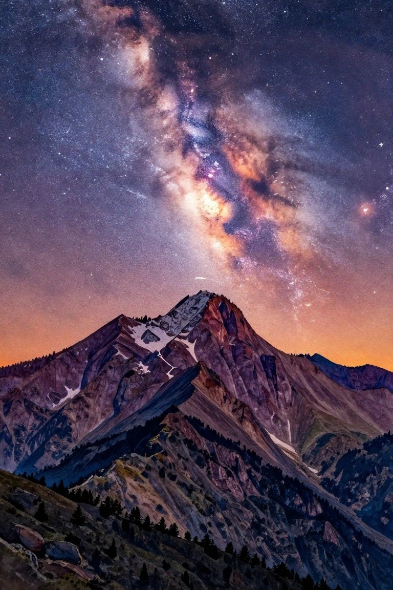 A watercolor-style painting of jagged mountains beneath a vibrant Milky Way and starry night sky.