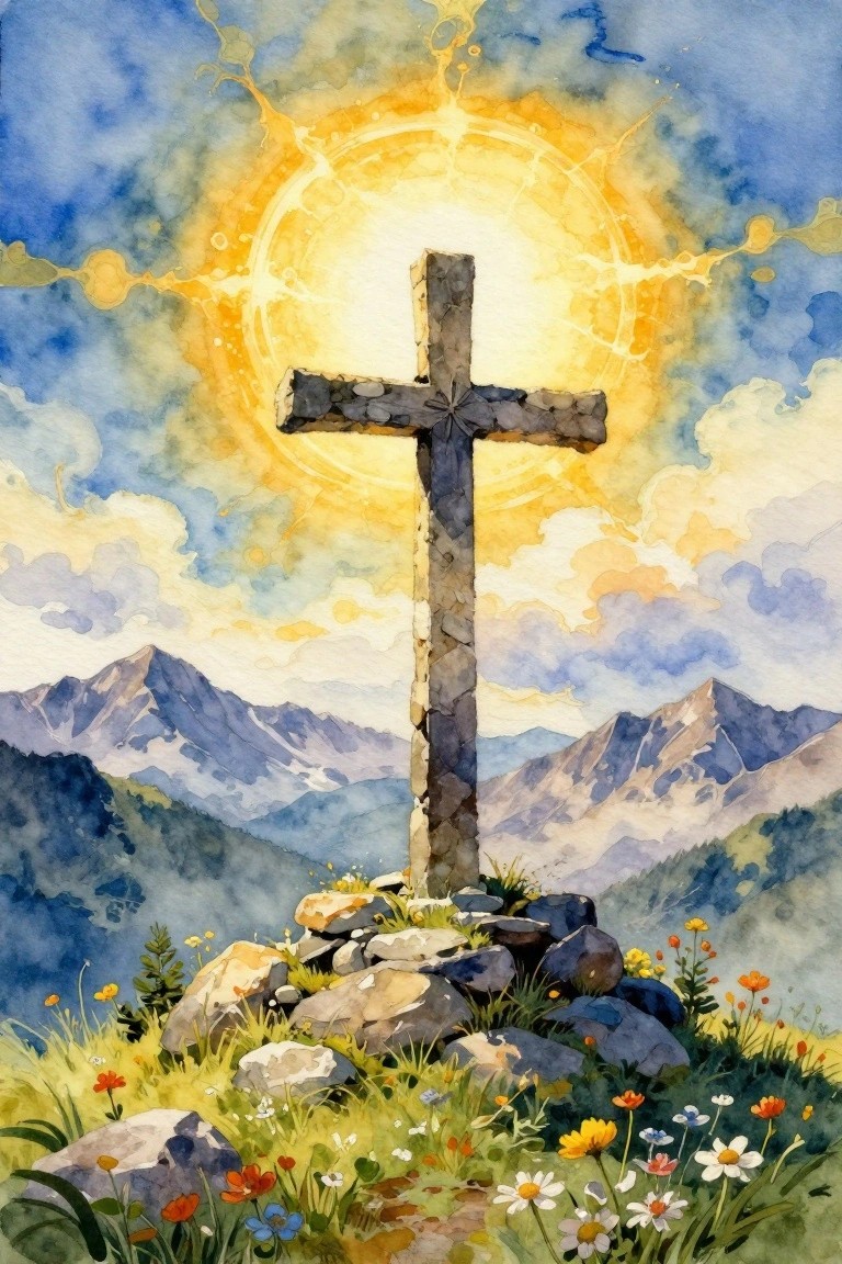 Stone cross on mountain peak with radiant sunburst and wildflowers below