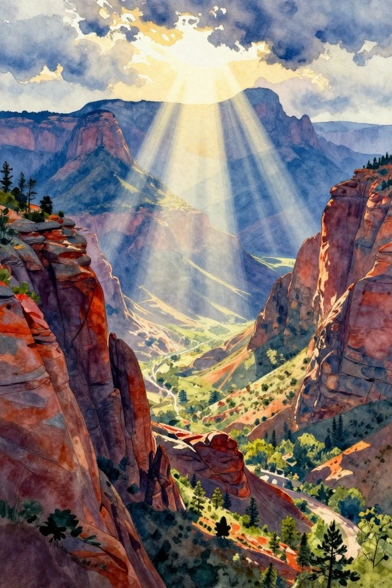 Watercolor landscape of sun rays over red rock canyon and green valleys.