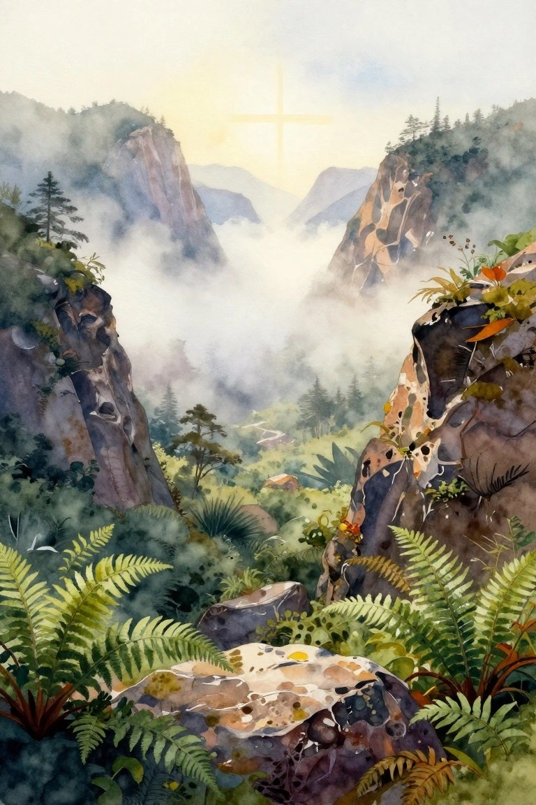 Watercolor landscape of misty cliffs with glowing cross above lush ferns and valley fog
