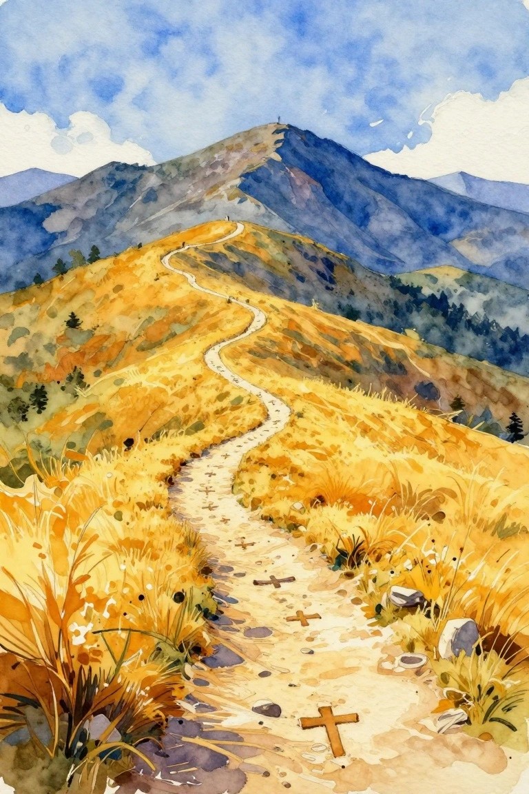Watercolor of winding path with crosses on golden hillside beneath blue mountains.