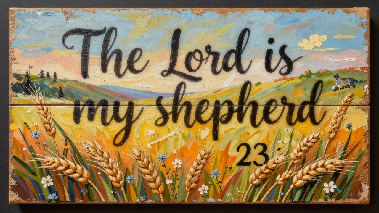 A painted canvas with wheat stalks in the foreground, a white sheep in a golden field, green hills, blue sky, and the text "The Lord is my shepherd 23:1" at the top.