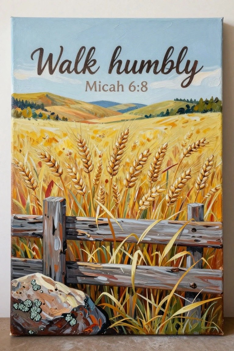 Landscape painting of wheat field with fence, rock, hills, and 