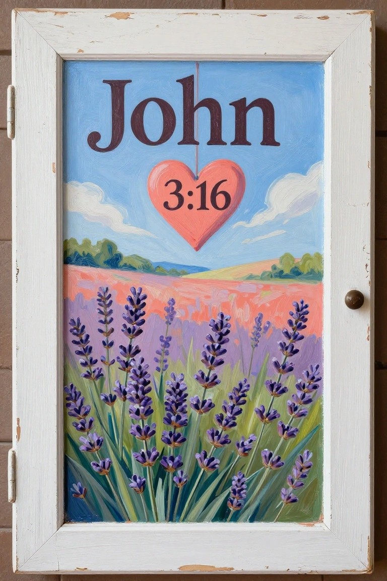 White frame with John 3:16 heart above purple lavender field painting