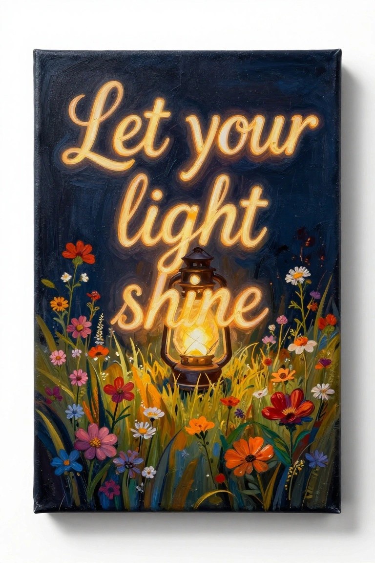 Glowing lantern amid colorful wildflowers with neon 