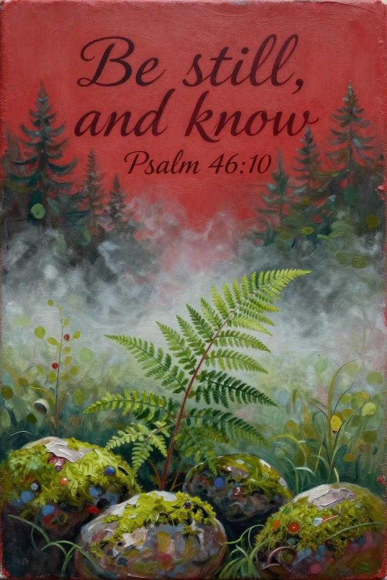 Mossy rocks and fern in misty forest beneath red sky with text overlay