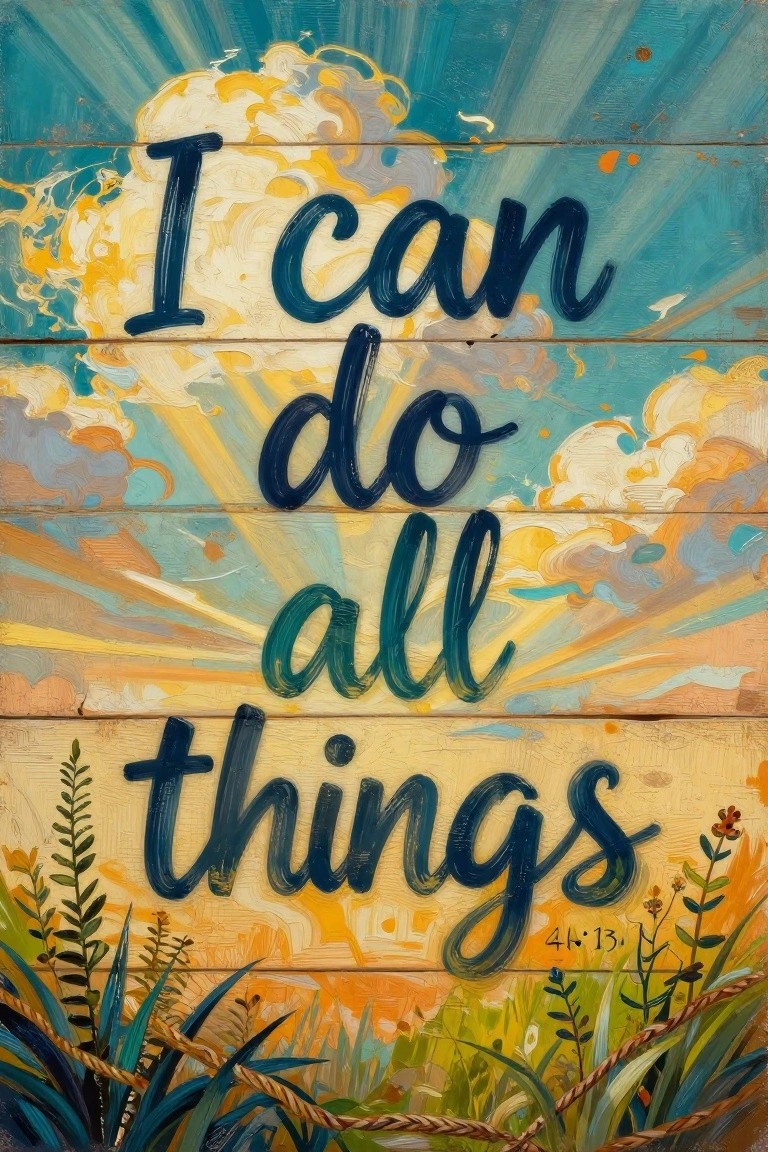 Colorful wood painting of I can do all things with clouds sun rays and plants