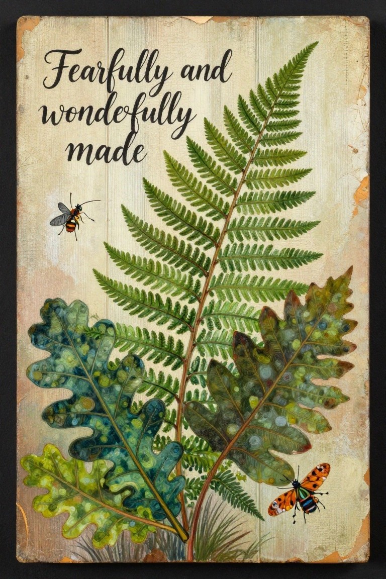 Vintage wooden plaque with cursive quote, ferns, oak leaves, bee and moth illustrations