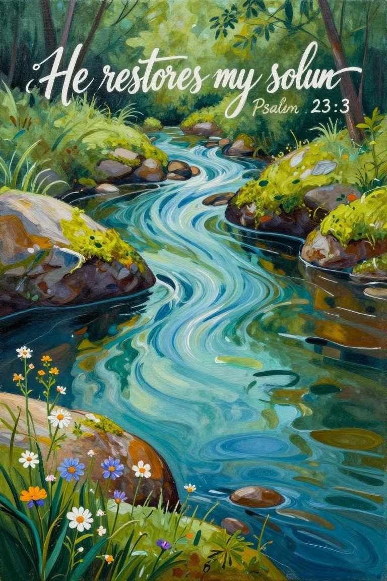 Winding turquoise stream through lush green forest with wildflowers and scripture text