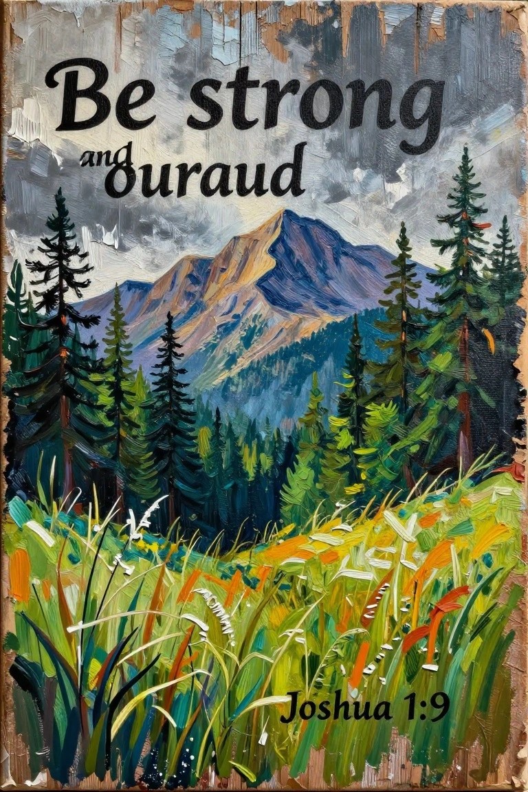 Colorful mountain landscape painting with pine trees and wildflowers under 