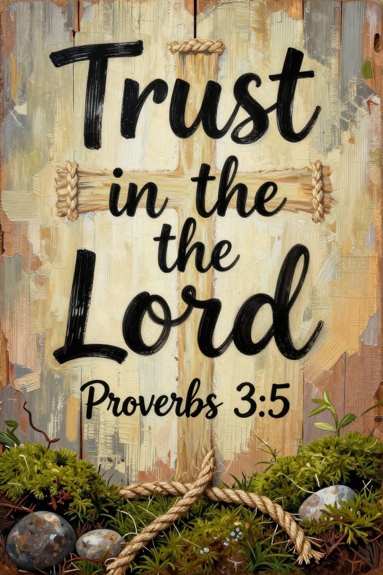 A painting of the Bible verse Trust in the Lord Proverbs 3:5 on a distressed wooden background with a rope cross and moss with stones at the bottom.