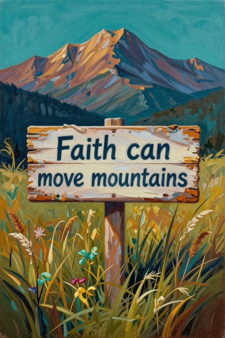 A painting of a weathered wooden sign reading 