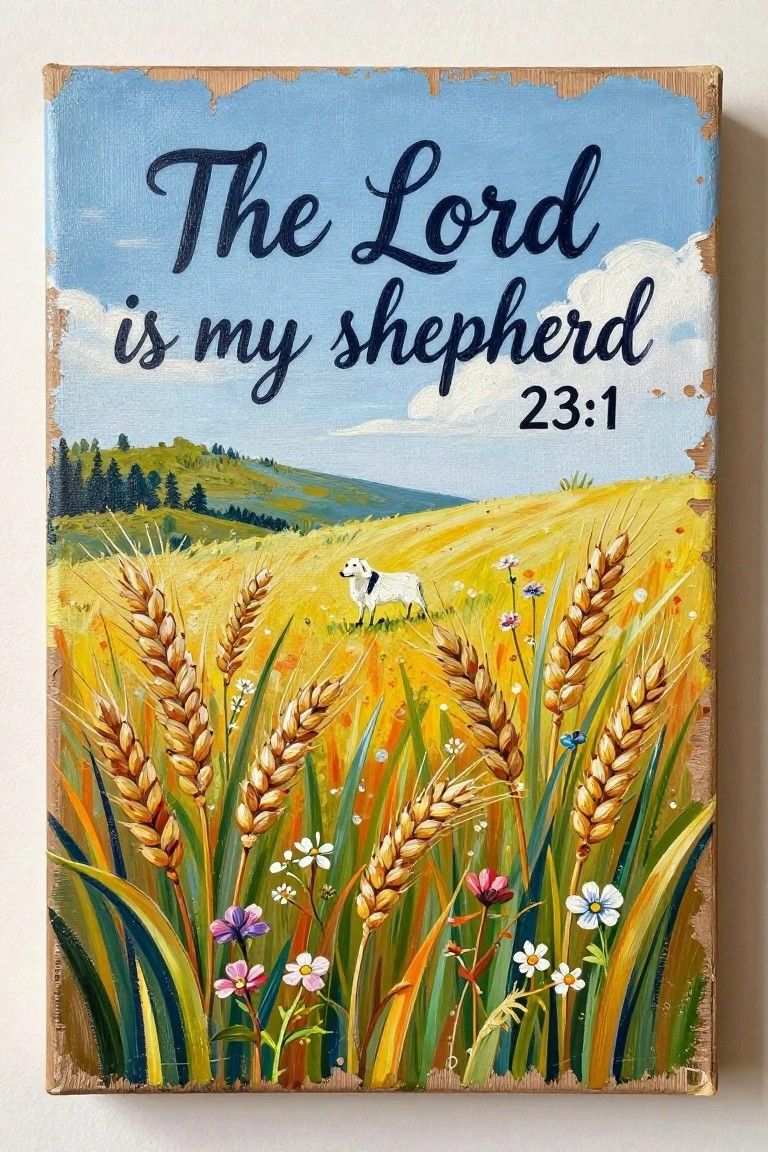 A painted canvas with wheat stalks in the foreground, a white sheep in a golden field, green hills, blue sky, and the text 
