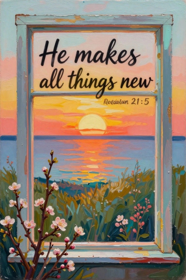 A painted window with a blue frame shows a sunset over water, pink flowers on branches in front, and the text 
