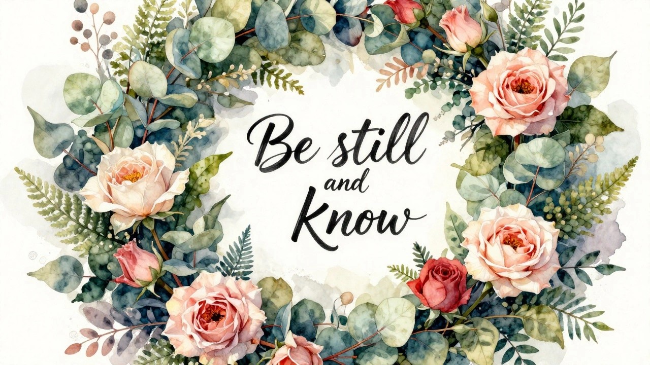 Watercolor floral wreath with pink roses, green leaves, and "Bstill and know" text