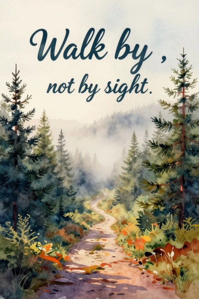 Watercolor misty pine forest path with autumn foliage and quote text overlay