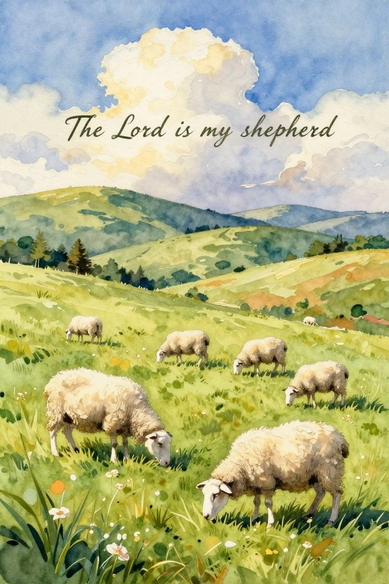 Watercolor of sheep grazing in green hills under 