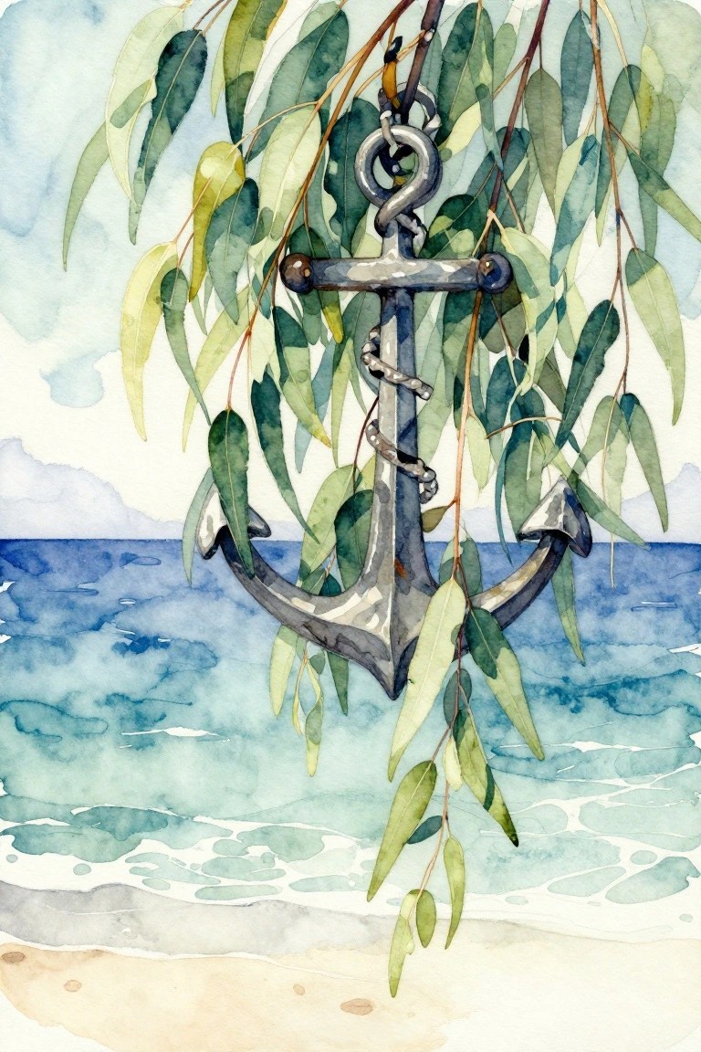 Watercolor anchor hanging from leafy branch above blue ocean waves and sand
