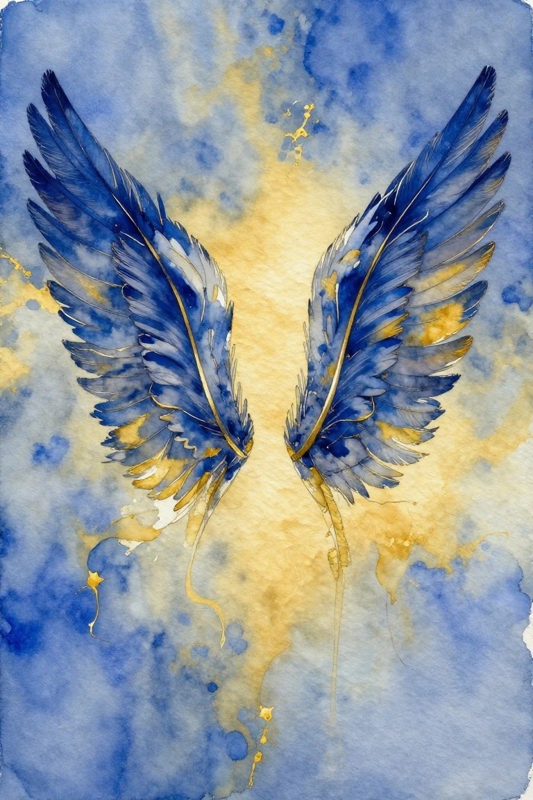 Two blue feathered wings with gold accents on a watercolor blue-yellow background.