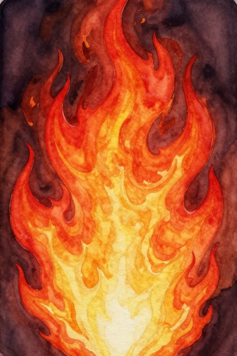 Watercolor painting of vibrant swirling red orange yellow flames on dark background