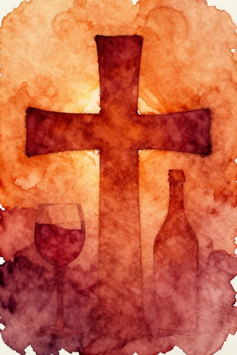 Watercolor cross with wine glass and bottle in orange and red hues.