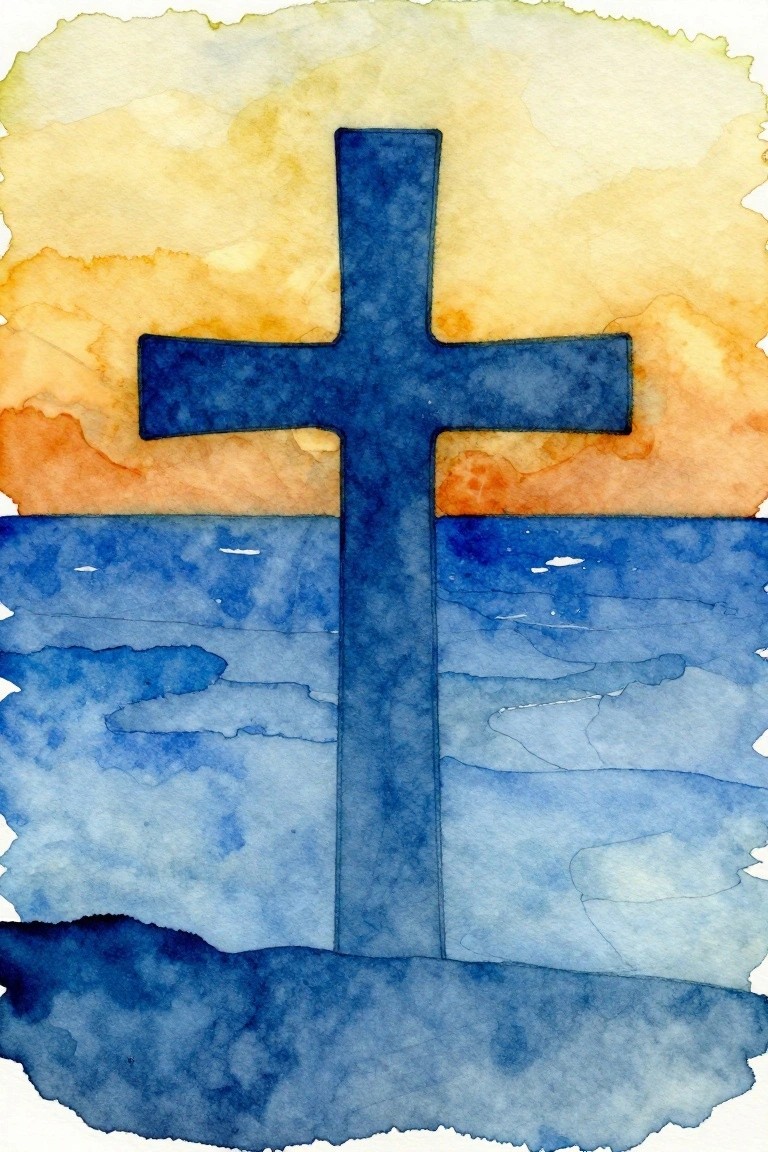 Watercolor blue cross over yellow-orange sunset sky and blue waves