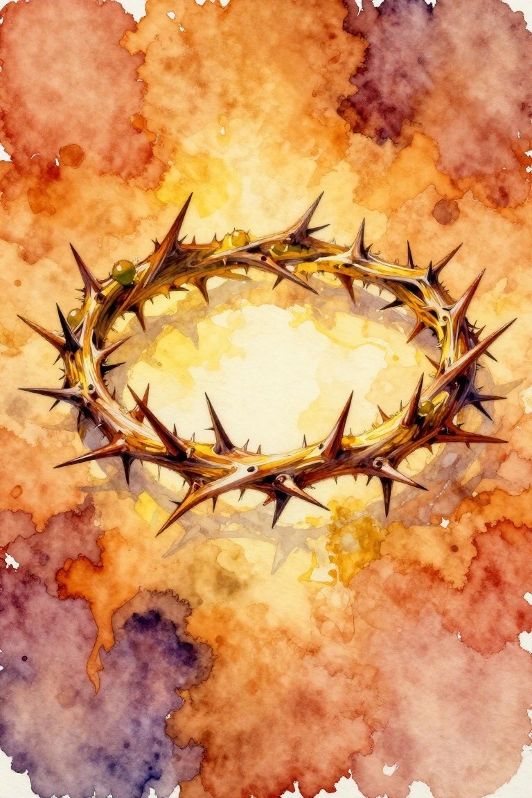 Golden crown of thorns with sharp spikes on orange-purple watercolor background